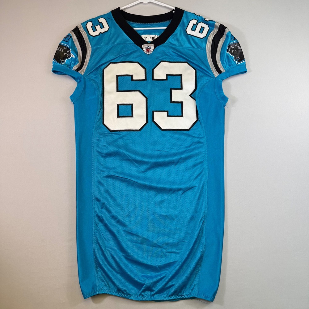 Carolina Panthers Game Worn Jersey Reebok NFL Mens 48 Blue Hangartner #63 Signed
